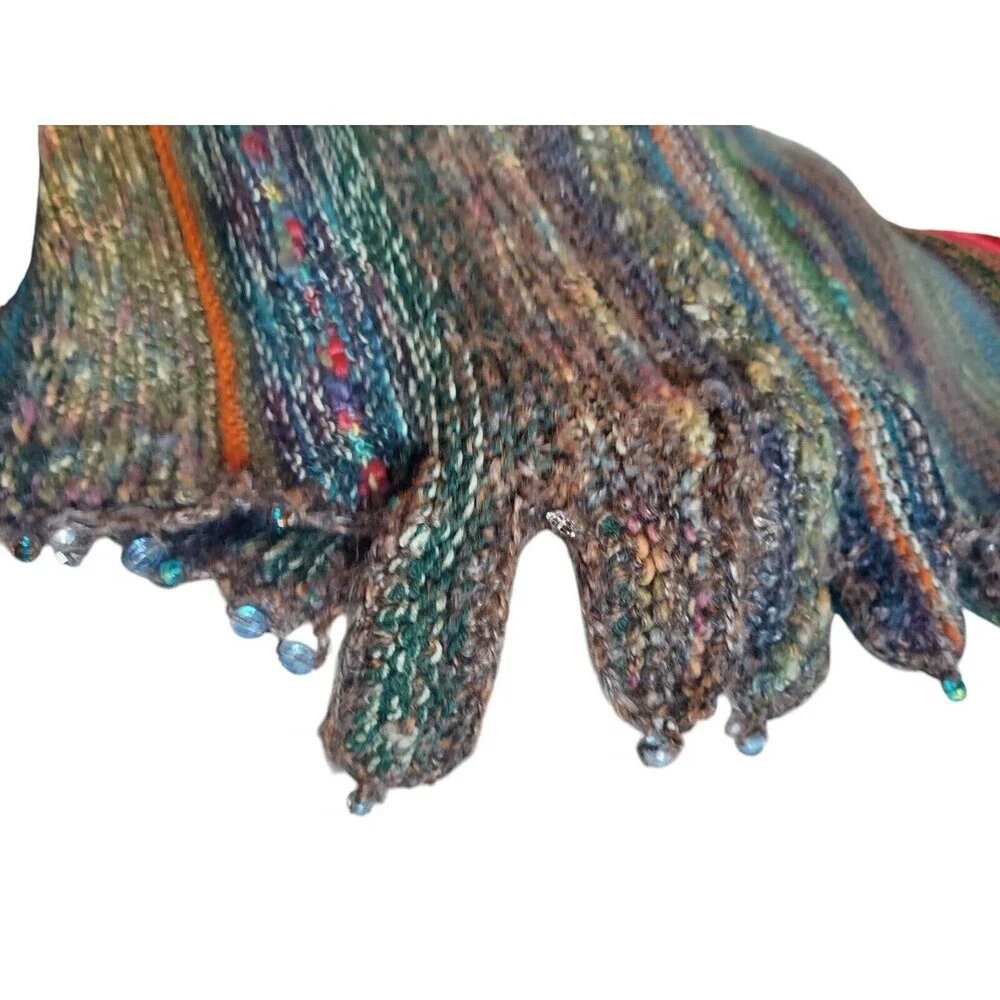 Boho Knitted Shawl Forest Drip Multicolor With Beads Hippie